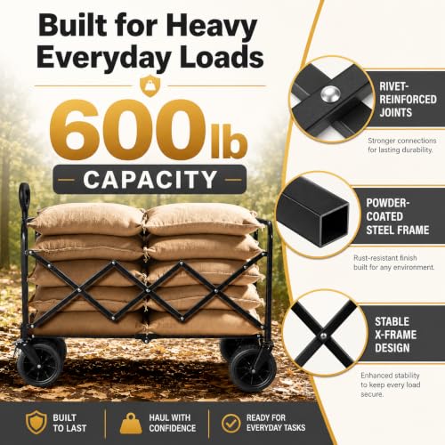 Wagons Carts Foldable Heavy Duty, 600 lb Tank Wheel Wagon with Brakes - color: Light Black