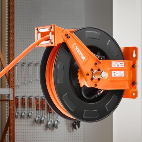 VEVOR Retractable Air Hose Reel with Double Arms, 3/8 IN x 65FT Hybrid Air Hose Max 300PSI, Air Compressor Hose Reel with 5FT Lead in, Ceiling/Wall Mount Heavy Duty Steel Reel for Workshop Garage - size: 3/8 in x 65 ft