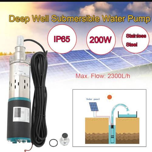 Submersible Screw Well Pump Deep Well Water Pump Stainless Steel Deep Well Submersible Pump DC 12V 200W Electric Deep Well Solar Submersible Water Pump for Irrigation Agricultural Garden Home