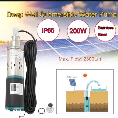 Submersible Screw Well Pump Deep Well Water Pump Stainless Steel Deep Well Submersible Pump DC 12V 200W Electric Deep Well Solar Submersible Water Pump for Irrigation Agricultural Garden Home