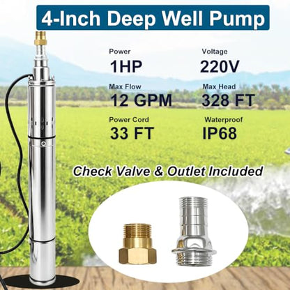Deep Well Submersible Pump, 220V 1hp Deep Well Pump Submersible Water Pump for Industrial Irrigation and Home,328FT Lift, 12GPM, Screw Water Pump - size: 4"-220V