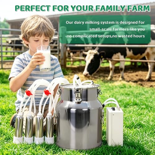 Cow Milking Machine 14L Stainless Steel Bucket Rechargeable Battery Powered 4 Teat Cups for Cows and Goats, Electric Pulsation Portable Milker (4 Stainless Steel Milking Cups Liners)