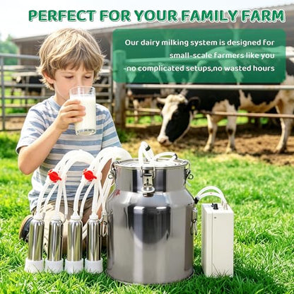 Cow Milking Machine 14L Stainless Steel Bucket Rechargeable Battery Powered 4 Teat Cups for Cows and Goats, Electric Pulsation Portable Milker (4 Stainless Steel Milking Cups Liners)