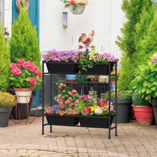 OYEAL Raised Garden Bed 32" Tall Elevated Planter Boxes with Trellis & Legs, Vertical Herb Garden Planter Outdoor for Gardening, Vegetables, Flowers, Herbs, Backyard, Black - color: Black