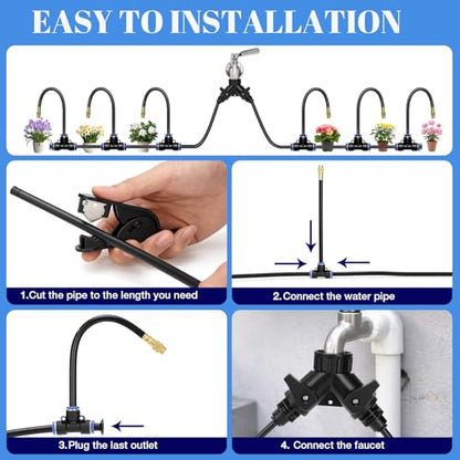 60FT Drip Irrigation Kit, 6mm Hose with Dual Outlet Splitter with Independent Valves & 15 360° Adjustable Brass Nozzles & 18 Snap-On Tees, DIY Automatic Watering for Greenhouse, Raised Beds, Garden - size: 60FT+15 Nozzles