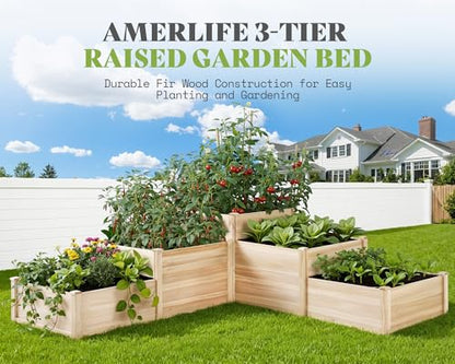 SPECRAFT Raised Garden Bed 3-Tier Outdoor Planter Box, Fir Wood with Dividers, Shape Adjustable, Tool-Free Assembly, Ideal for Growing Vegetables, Herbs & Flowers