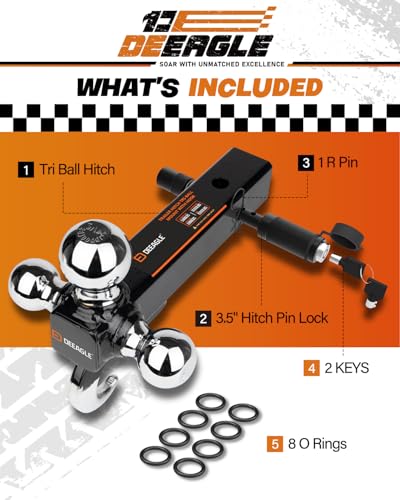 DEEAGLE 3 Ball Hitch with Hook, Tri Ball Hitch with 3.5” Hitch Pin Lock - style: Ball Hitch with Lock