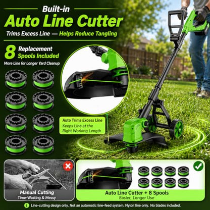 14" Walk Behind String Trimmer with Wheels, Cordless Weed Wacker