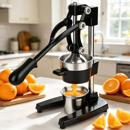 Cast Iron Orange Juicer Squeezer Hand Press Heavy Duty Countertop Squeezer Manual Citrus Juicer with a Stainless Steel Cup for juicing oranges, lemons, pomegranates, limes, citrus, etc（Black） - color: Black