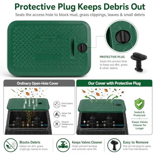 Green Irrigation Valve Cover & Box Lid | 12"x17" 113c Series Heavy Duty Sprinkler Box Cover with Protective Plug | UV-Resistant Water Valve Protector for Outdoor Lawn & Garden - size: 12in