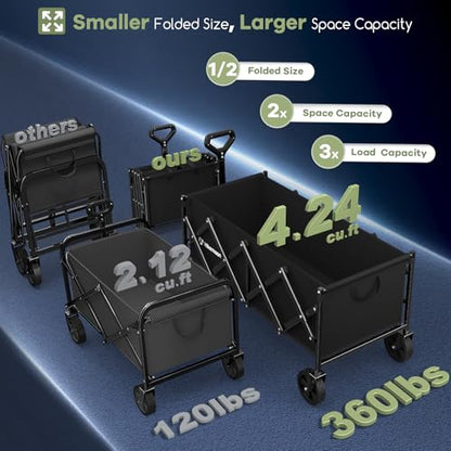 HIKEMOON 34'' Extra Long Folding Portable Wagon Cart, 120L 360LBS Black - color: Black
