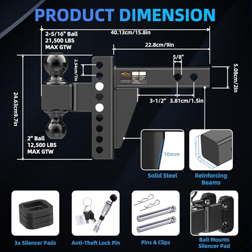 Adjustable Trailer Hitch -Drop Hitch Fit 2" Receiver - 6" Drop/Rise - size: 6 Inch Drop Hitch