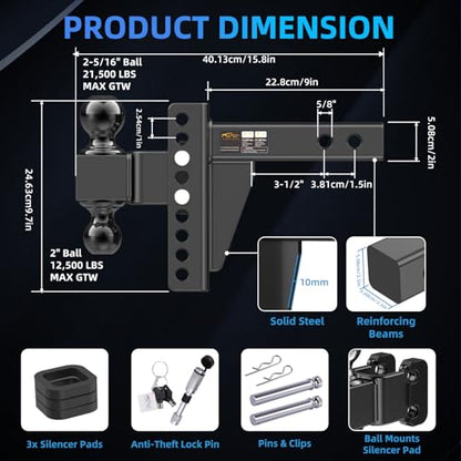 Adjustable Trailer Hitch -Drop Hitch Fit 2" Receiver - 6" Drop/Rise - size: 6 Inch Drop Hitch