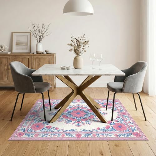 5'x7' Pink Toile Motif Way Flower Chinoiserie Washable Area Rug - color: Pink/Pattern 17, size: 5' x 7' (Rectangular)