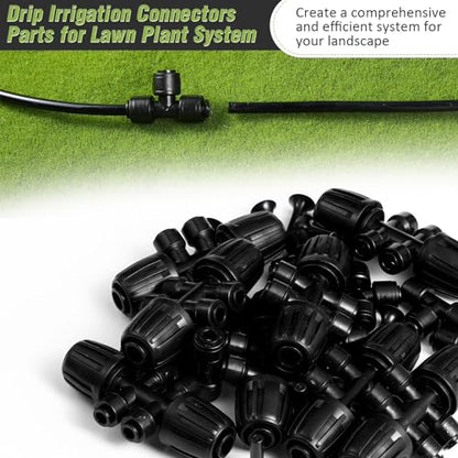 Pushglossy 24 Piece Drip Irrigation Fittings Parts 8 Pcs 1/2'' to 1/4'' Barbed Tee Connector, 8 Tee Easy Connector 8 Pcs 1/4'' Tubing End Plug Tubing Irrigation Fittings for Lawn Plant System - style: Barbed Tee Connector, Tee Easy Connector, Tubing End P