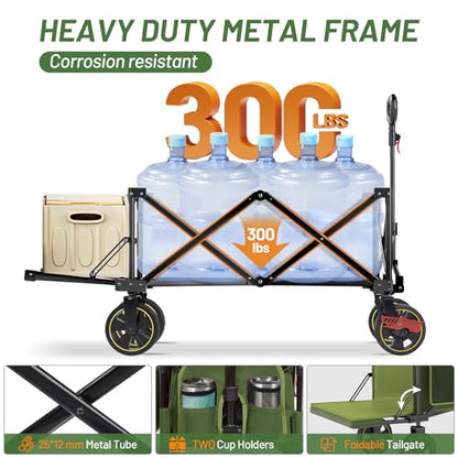 Timber Ridge 49" Extra Long Collapsible Folding Wagon with Tailgate&Brakes - color: Green, size: 250L