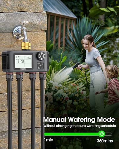 Insoma 4 Zones Sprinkler Timer with Brass Inlet & Outlet, Water Timer for Garden Hose with Auto/Manual/Rain Delay Mode, Hose Timers for Irrigation Watering System for Yard, Lawn, Plant Watering - size: 4 Outlets