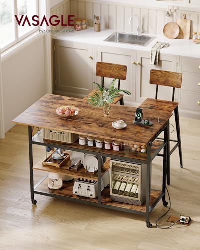 VASAGLE Kitchen Island with Drop Leaf, Power Strip, Pegboard, 47.2" Width - color: Rustic Brown + Ink Black, size: 28.7"D x 47.2"W x 38"H