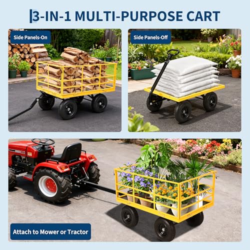 3-in-1 Heavy Duty Steel Garden Cart – 1500 lbs Utility Wagon with 13-Inch All-Terrain Wheels, Removable Mesh Sides, Swivel Handle – High Capacity Outdoor Trolley for Lawn, Farm, Tools – - color: Yellow