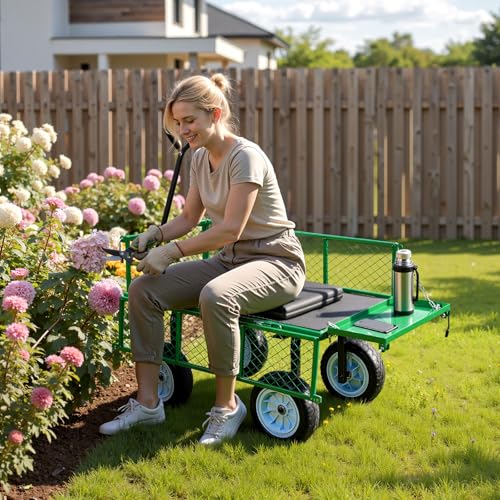 VEVOR 500 LBS Steel Garden Cart with Work Seat, Heavy Duty Garden Wagon Cart on Wheels, Outdoor Metal Utility Yard Wagon Gardening Stool with 10inch Flat Free Tires & Adjustable Handle, Green - color: Green