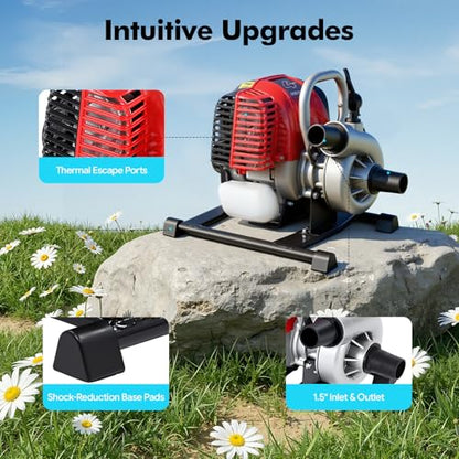 Clean Water Pump, 1.5" Gas Powered Water Transfer Pump with 4-Stroke Engine, Portable Irrigation Pump, 15m³/H High Flow, 91.8 ft Max Lift, 22.9 ft Suction for Garden,Farm,Pond & Lawn Watering