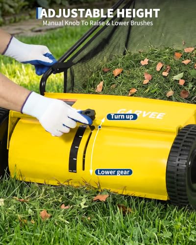 21" Push Lawn Sweeper, 6 Cu.Ft. Hopper, 3 V-Shaped Brushes, Height Adjustable - color: Yellow, size: 21in