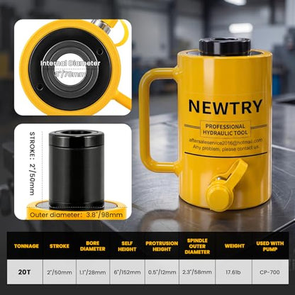 NEWTRY 20T Hydraulic Hollow Jack Cylinder, 2" Stroke Porta Power Ram