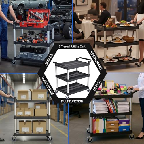 Plastic Utility Carts with Wheels, 3-Tier Rolling Cart, Restaurant Cart - size: 31.5"×16"×38" S