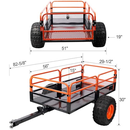 Heavy-Duty Tow-Behind Dump Cart 1500 Lbs Capacity Steel Bed ATV UTV Lawn Mower Tractor Trailer - 18x8.5 Tires, Removable Rails, 82.5" L Hauling Garden Farm, Orange