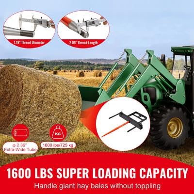 Happybuy 39" Hay Spear, 1600lbs Capacity, Skid Steer Loader Attachment with 2 Stabilizer Spears & 60" Chain, Quick Attach Forks