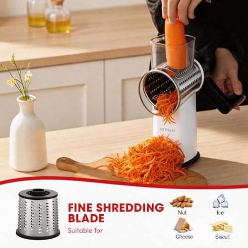 Rotary Cheese Grater Hand Crank with Foldable Handle, Three Blades - color: White