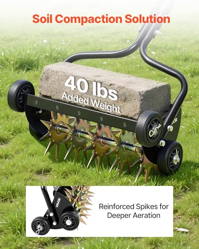 VEVOR Lawn Aerator, 18 in Manual Push Spike Aerator with 4 Wheels & Handle, Heavy Duty Grass Aerators, Supports 40 lbs Added Weight, Rolling Lawn Aeration Tool for Garden Yard Aeration Soil Health - size: 18-inch, style: Rolling (Weighted Pro)