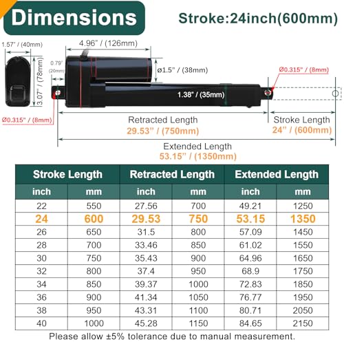 JQDML 24 Inch Stroke Linear Actuator 12V 440 lbs Heavy Duty IP65 Waterproof - size: 24"