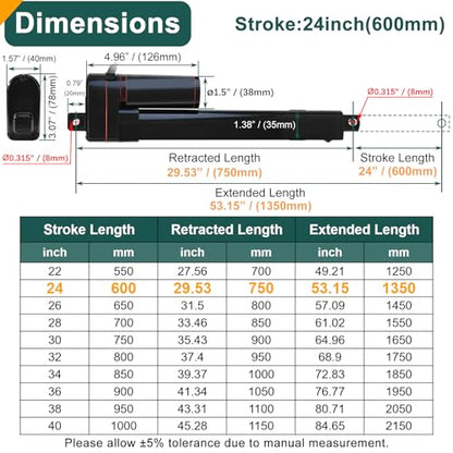 JQDML 24 Inch Stroke Linear Actuator 12V 440 lbs Heavy Duty IP65 Waterproof - size: 24"