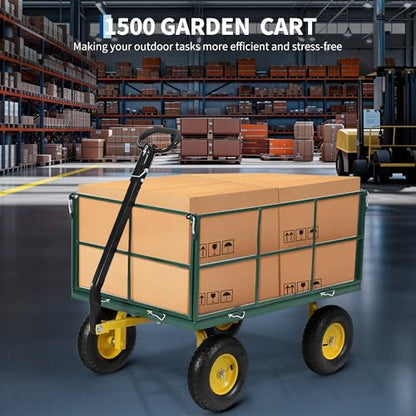 Jojoka 1500 lbs Heavy Duty Steel Mesh Garden Cart - 3-in-1 Collapsible Utility Wagon - Removable Sides - 13" All-Terrain Wheels - Adjustable Rotating Handle - for Lawn & Plant Transport - 13X4.00-6