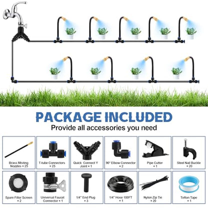 Kalolary 100FT Misting Cooling System with 360°Adjustable Nozzles - size: 100FT with Adjustable Brass Spray Nozzles