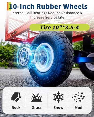 Heavy Duty 400 lbs Garden Cart Wagon – Steel Utility Yard Cart – 10" All-Terrain Pneumatic Tires – Removable Mesh Sides, Waterproof Liner – Easy Maneuvering for Lawn, Farm, Outdoor - color: Red