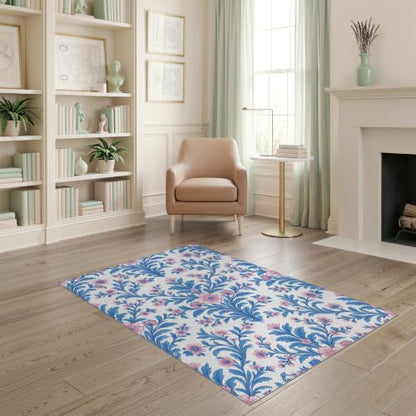 4'x6' Blue Pink Chinoiserie Toile Way Motif Washable Area Rug - color: Blue/Pattern 1, size: 4' x 6' (Rectangular)