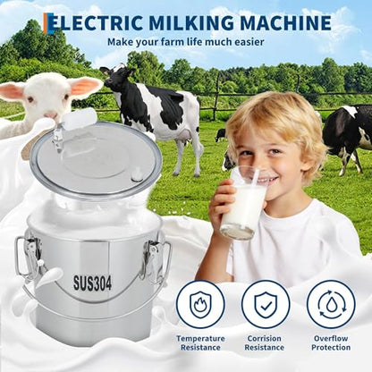 Electric Milking Machine for Cows & Goats – 12L Stainless Steel Bucket, Automatic Pulsation, 4 Teat Cups, Portable Rechargeable Milker, Adjustable Suction, Built-in 12V 8000mAh Battery, US - size: 12L