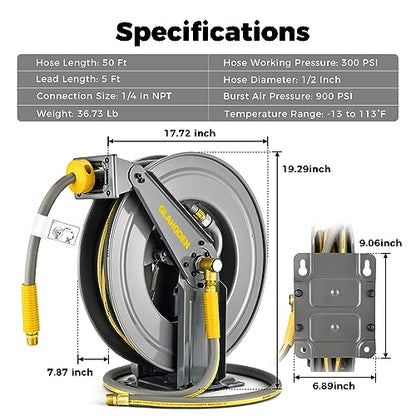 GLAHODEN Double Arm Air Hose Reel 50 ft Retractable, 1/2 in Hybrid Hose Heavy Duty Steel Professional Air Compressor Hose Reel with 5 ft Lead in Max 300PSI Auto Rewind Quick Coupler Swivel Fitting - size: 1/2" 50FT