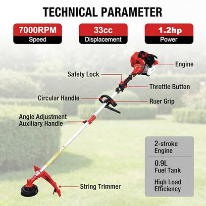 33CC Gas String Trimmer Brush Cutter 2 Cycle Multifunctional Pole Saw Hedge Trimmer Attachments EPA Compliant Aircooled Shoulder Strap Lawn Garden Tool
