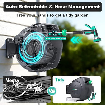 Retractable Garden Hose Reel - 1/2 in x 120 ft Automatic Wall Mount Heavy Duty Automatic Water Hose Reel with 9 Patterns Nozzle, Kink-Resistant Hose, 180° Swivel, Auto-Lock for Outdoor Watering - size: 1/2inch x 120ft