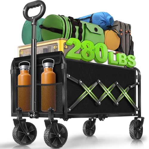 Collapsible Wagon Cart with All-Terrain Wheels - Folding Utility 280LBS Heavy Duty Wagons Carts for Grocery Sports Garden Shopping Camping Fishing (Black, 120L) - size: 280LBS