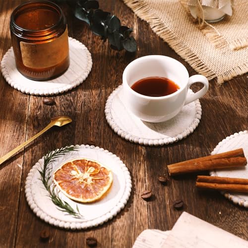 Honeydak 4 Pcs Wooden Coasters Set Round Beaded Coaster 4.7in, Beige - color: Beige