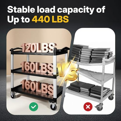 NorthSky Select Dual-Handle Utility Cart, 3 Shelves, 440 lb. Cap - Plastic Shelves, Swivel Casters - Ideal for Office, Garage, Janitorial Transport & Storage - size: 39.8x20.9x37.4 in