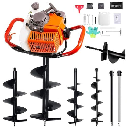 72cc Auger Post Hole Digger Gas Powered Earth Digger w/ 3 Bits - size: 72cc+3 auger(4"8"12")+2 Ext(24"24")