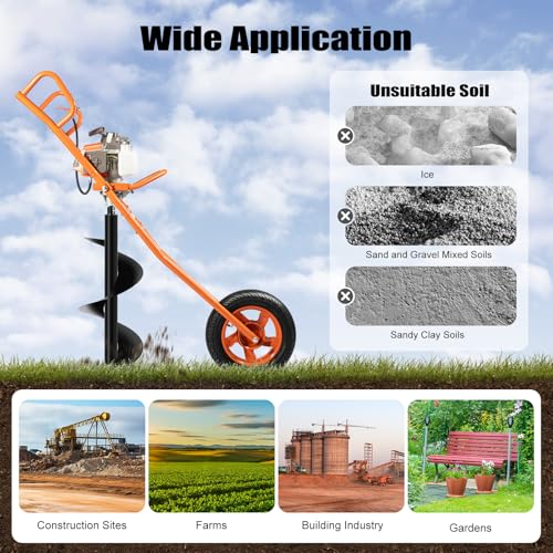 63CC 2-Stroke Hand Push Post Hole Digger with Wheel, 12" Auger Bit - color: 63CC, Orange