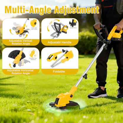 21V Electric Weed Wacker, 2-in-1 Cordless String Trimmer with 2 x2.0Ah - color: Blcak Yellow