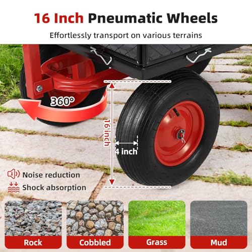 Heavy Duty Garden Utility Cart for Yard Lawn Farm - 880 Lbs Capacity Steel Construction with 10" Off-Road Tires & Removable Mesh Sides, 180° Rotating Handle - All Terrain Outdoor Hauler