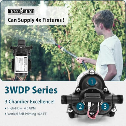 WASSERMANN RV Pump, 12V Self-priming RV Water Pressure Pump 4.0GPM 45PSI with Pressure Switch, for RV Marine Camping Yacht Garden, 12Volt DC Fresh Water Pumps RV Water Pump 2088-554-144 Replacement - color: White02